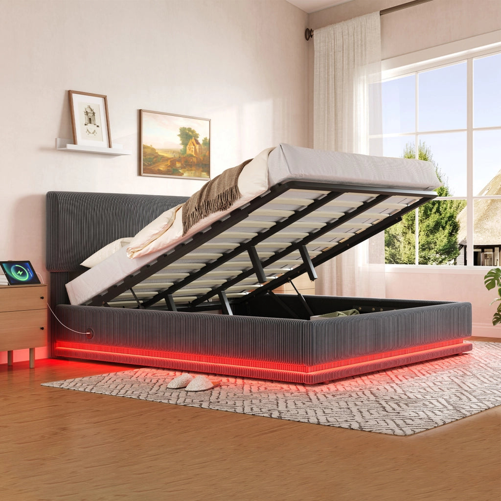 LETTO Contenitore 180x200 cm Grigio Scuro in Corduroy con LED e USB-C