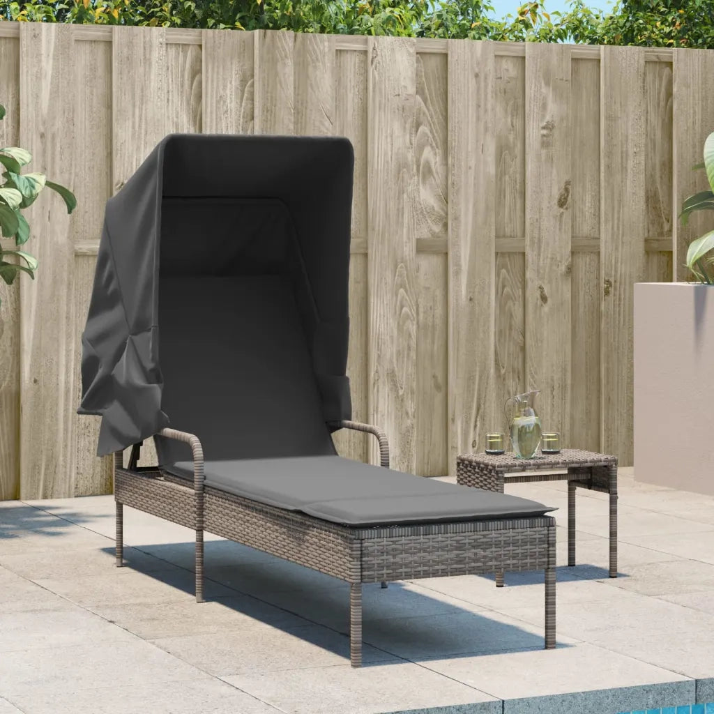 Lettino Prendisole | Sdraio da giardino | Lettino da sole con Baldacchino Grigio in Polyrattan