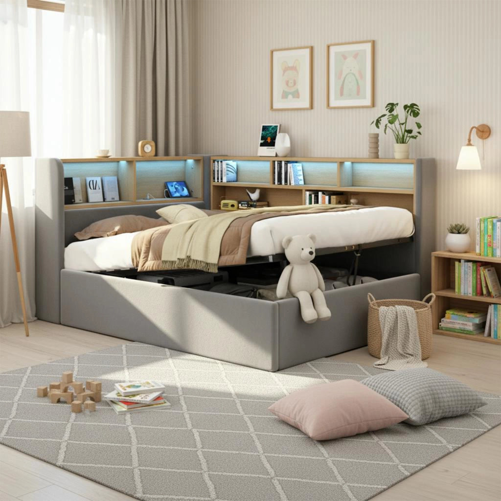 Letto con contenitore idraulico, imbottito in velluto grigio, con LED, USB e Type-C, struttura integrata, senza materasso