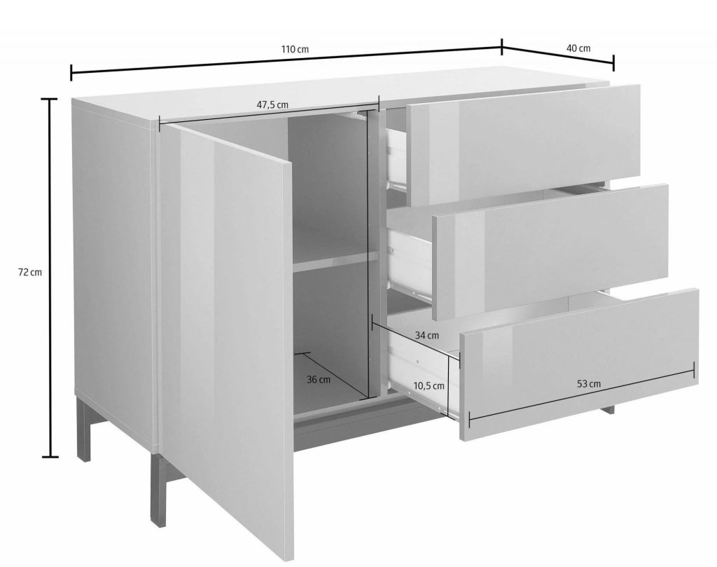 Credenza moderna a 1 anta e 3 Adana, Made in Italy, Madia da cucina, Buffet di design da soggiorno, con piedini, cm 110x40h47, Antracite lucido