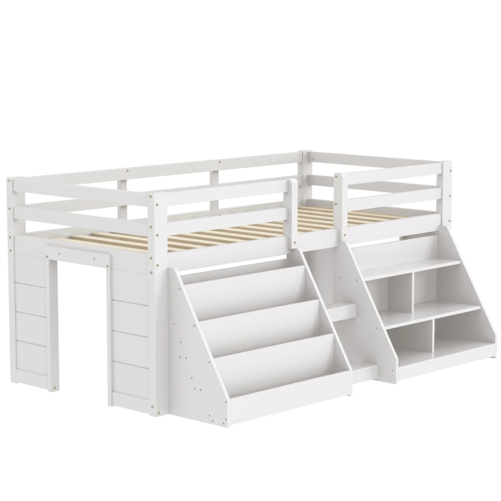 Letto a soppalco 90x200 cm con LED; contenitori aperti; scala e sponde; bianco