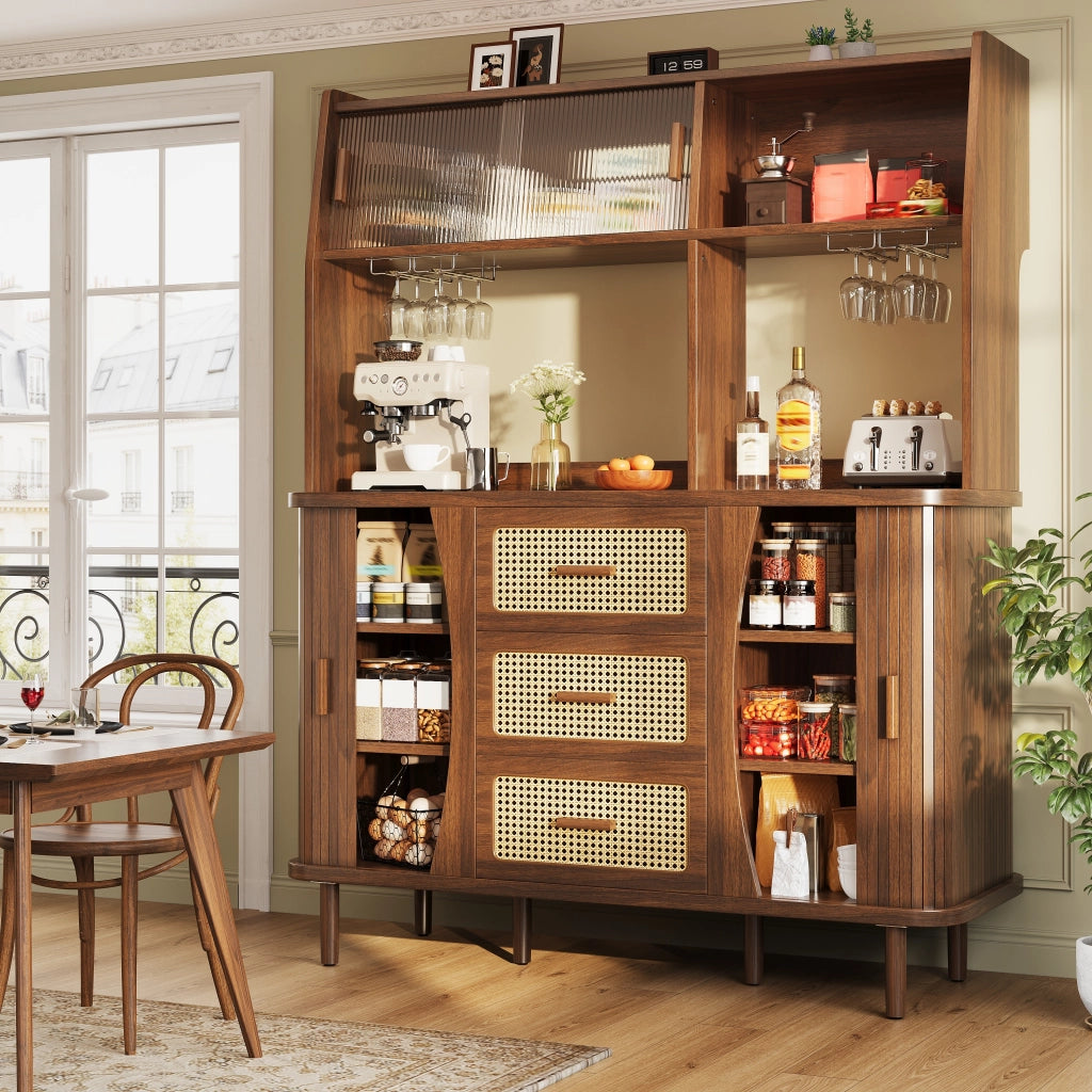 Credenza e madia con ante scorrevoli in vetro, 3 cassetti e vani aperti, per cucina, noce 140 × 40,5 × 174,5 cm
