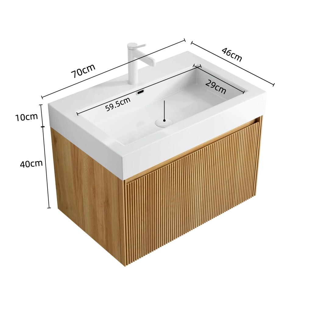 Mobile bagno sospeso con lavabo integrato e 1 cassetto con illuminazione LED per bagno; 70×46×50 cm; bianco e rovere