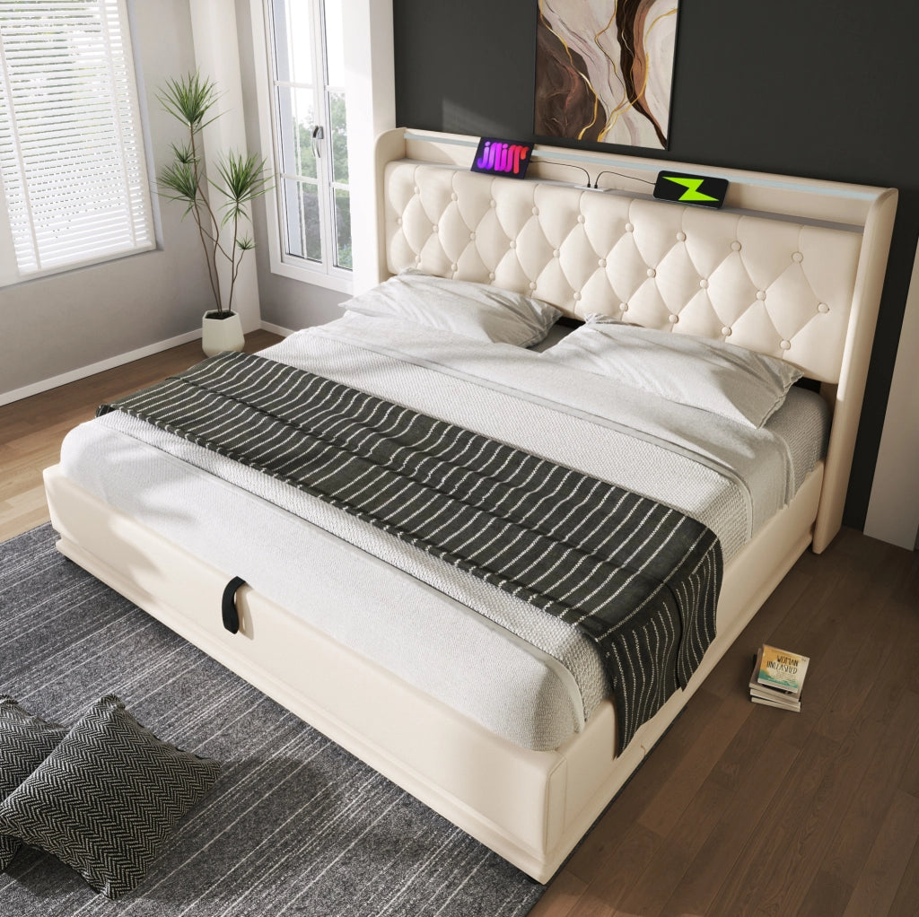 Letto matrimoniale 180x200 cm con contenitore; LED e porte USB e USB C; similpelle bianca