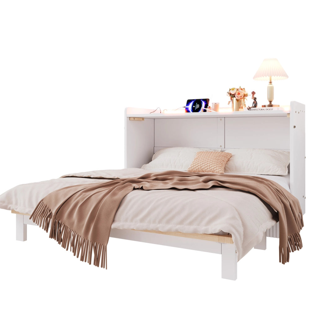 Letto a scomparsa 140x200 cm con LED, USB e presa, bianco
