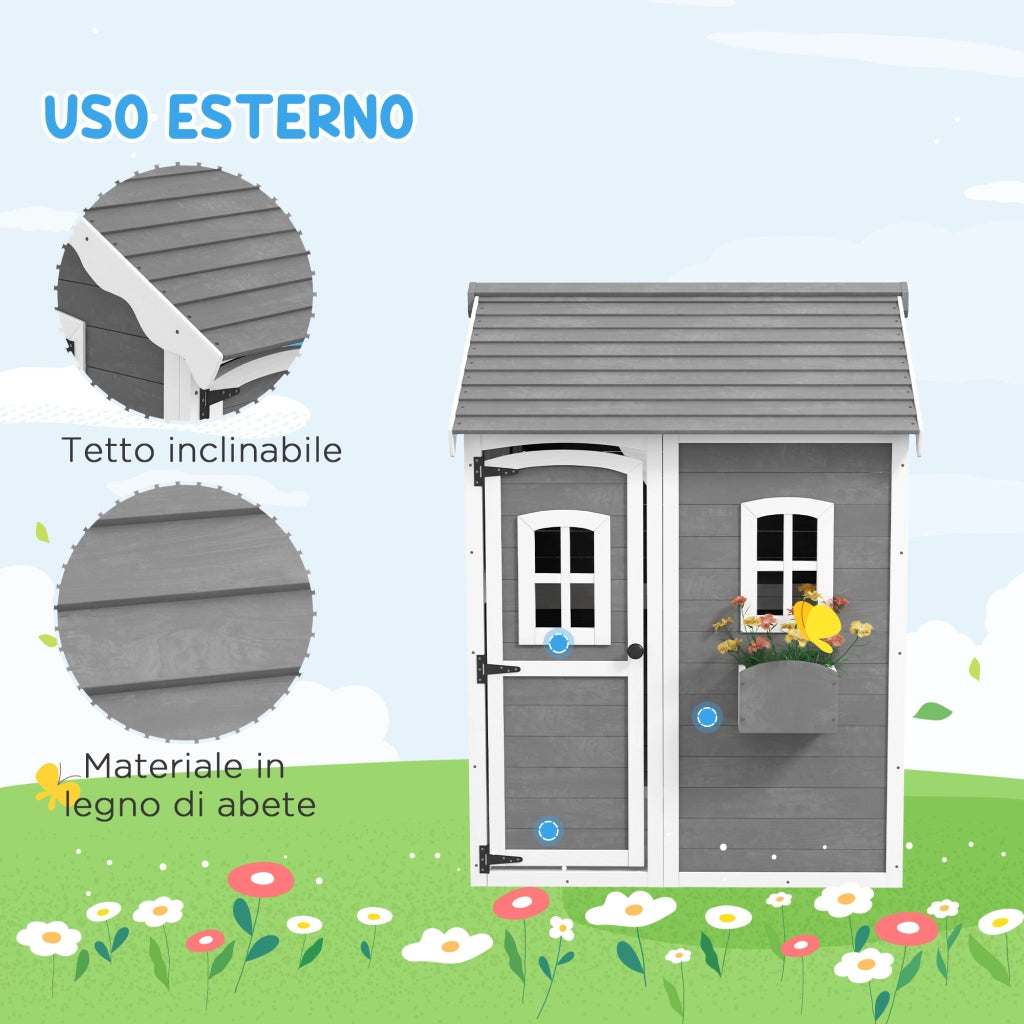 Casetta per Bambini in Legno di Abete con 6 Finestre e Fioriera ¨C Minimal ¨C Grigio 104.5x110x137 cm