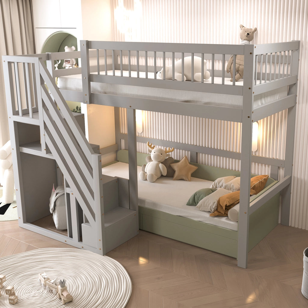 Letto singolo in legno massello grigio con scala contenitiva 90x200 cm