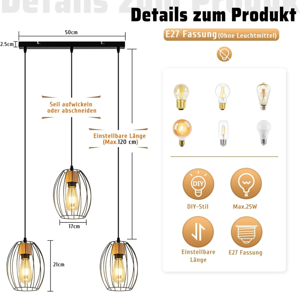 Lampada a sospensione ZMH 3 luci E27 vintage nera lampada a sospensione da cucina per soggiorno camera da letto