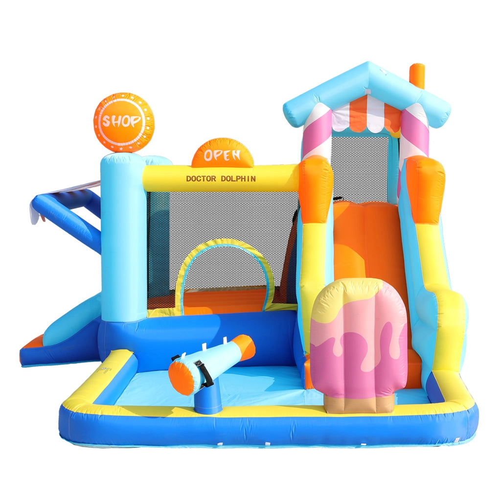 Castello gonfiabile per bambini con doppio scivolo e area giochi d'acqua in tessuto oxford blu con soffiatore 450W