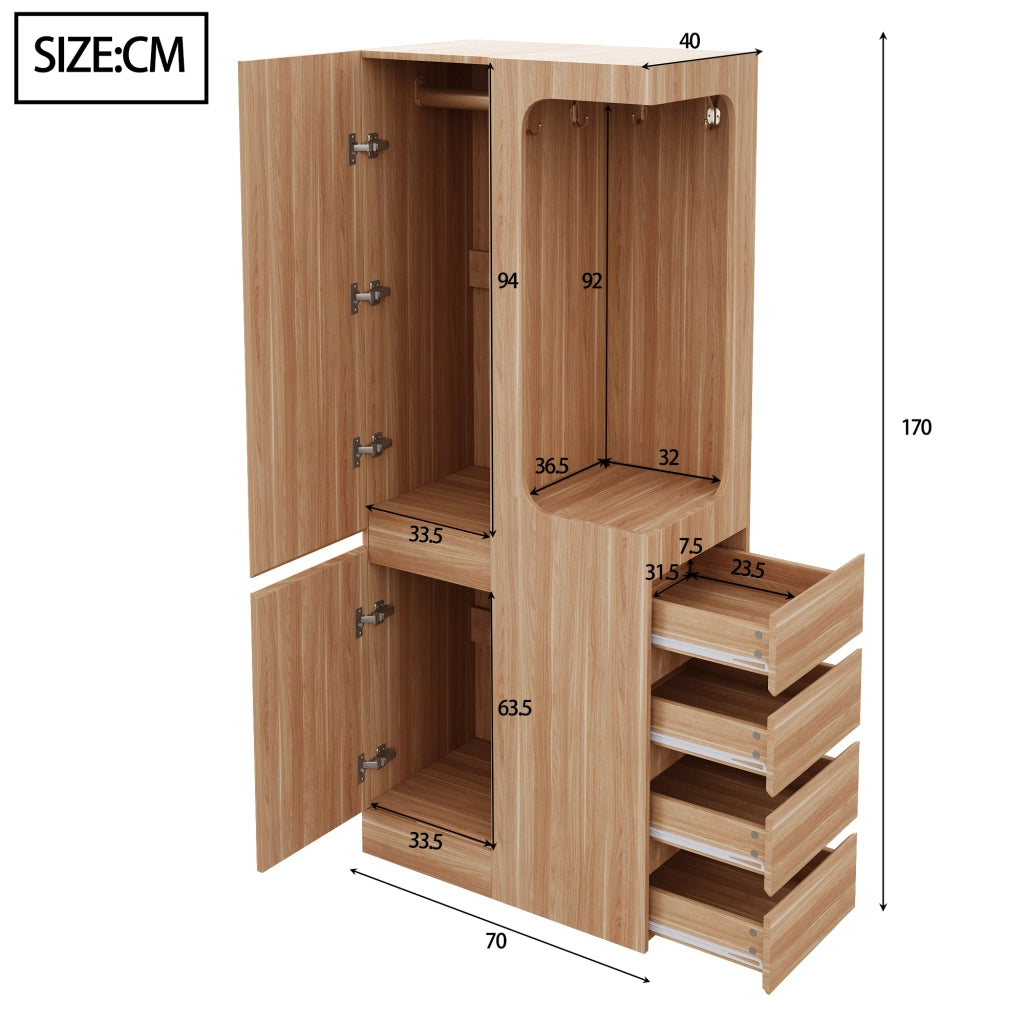 Armadio con 4 cassetti e vano appendiabiti aperto, 1 anta, per camera da letto, in legno naturale, 70 × 40 × 170 cm