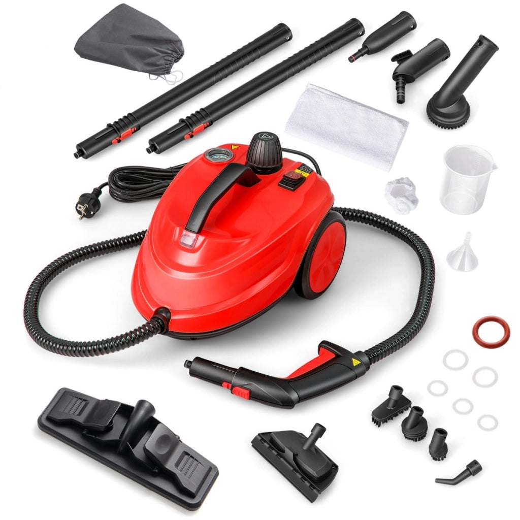 Macchina per pulizia a vapore ad alta pressione 2000W con 15 accessori, Pulitore a vapore finestre pavimenti Rosso