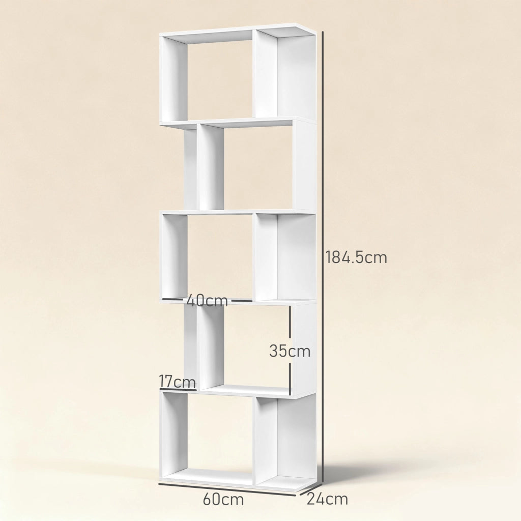 Mobile Libreria in Legno a 5 Ripiani con Divisorio, 60x24x184.5 cm, Bianco