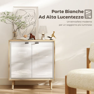 Credenza Moderna 72x35x77 cm a 2 Ante con Ripiano Regolabile Bianco Lucido e Rovere