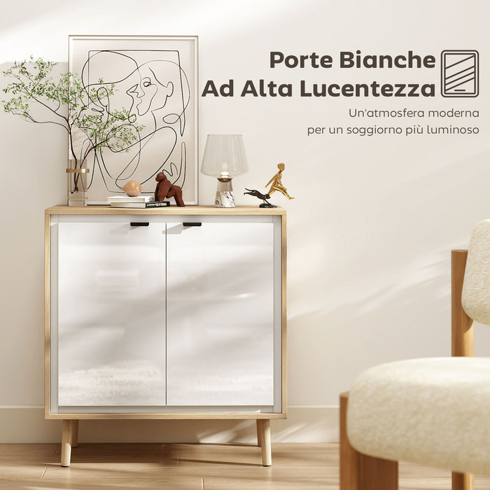 Credenza Moderna 72x35x77 cm a 2 Ante con Ripiano Regolabile Bianco Lucido e Rovere