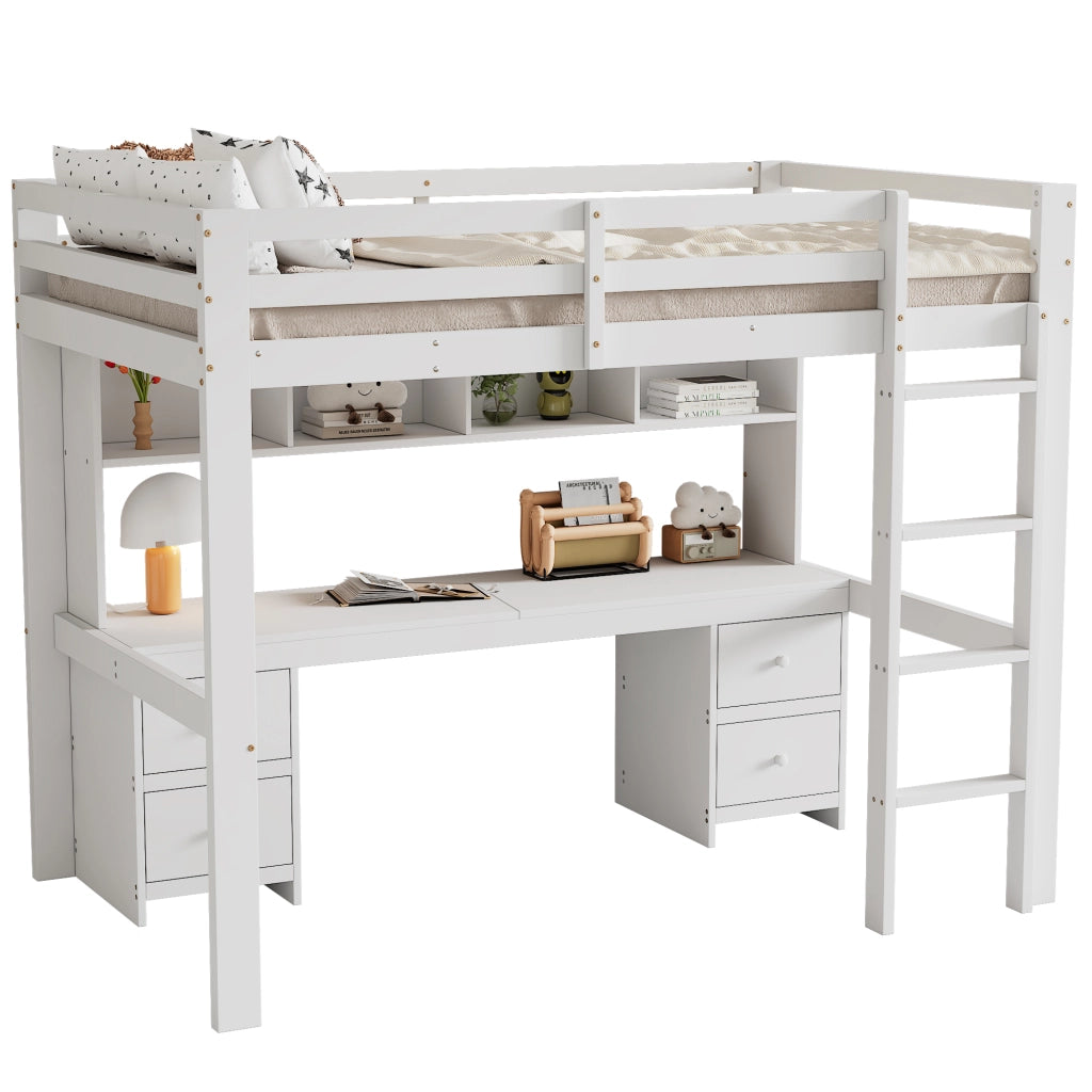 Letto a soppalco 90x200 cm con scrivania; 4 cassetti; in pino e MDF; bianco