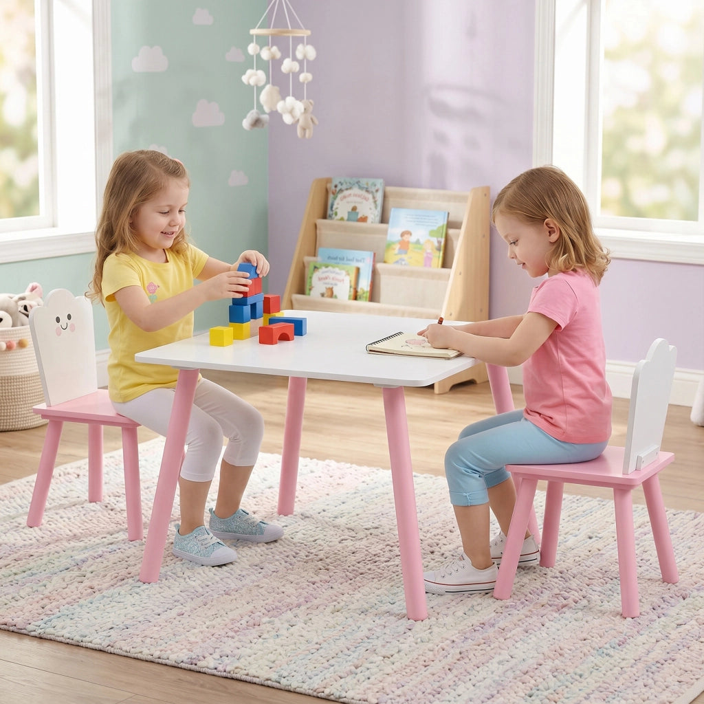 Set Tavolo e 2 Sedie per Bambini 3-6 Anni in Legno con Angoli Arrotondati Rosa