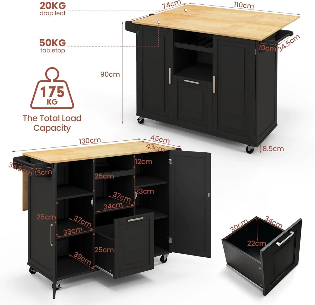 Carrello da Cucina con Ruote, Carrello di Servizio con 2 Armadietti a Anta, 1 Cassetto, 1 Portabottiglie, 1 Portasciugamani e 1 Portaspezie, Nero/Bianco (Nero)