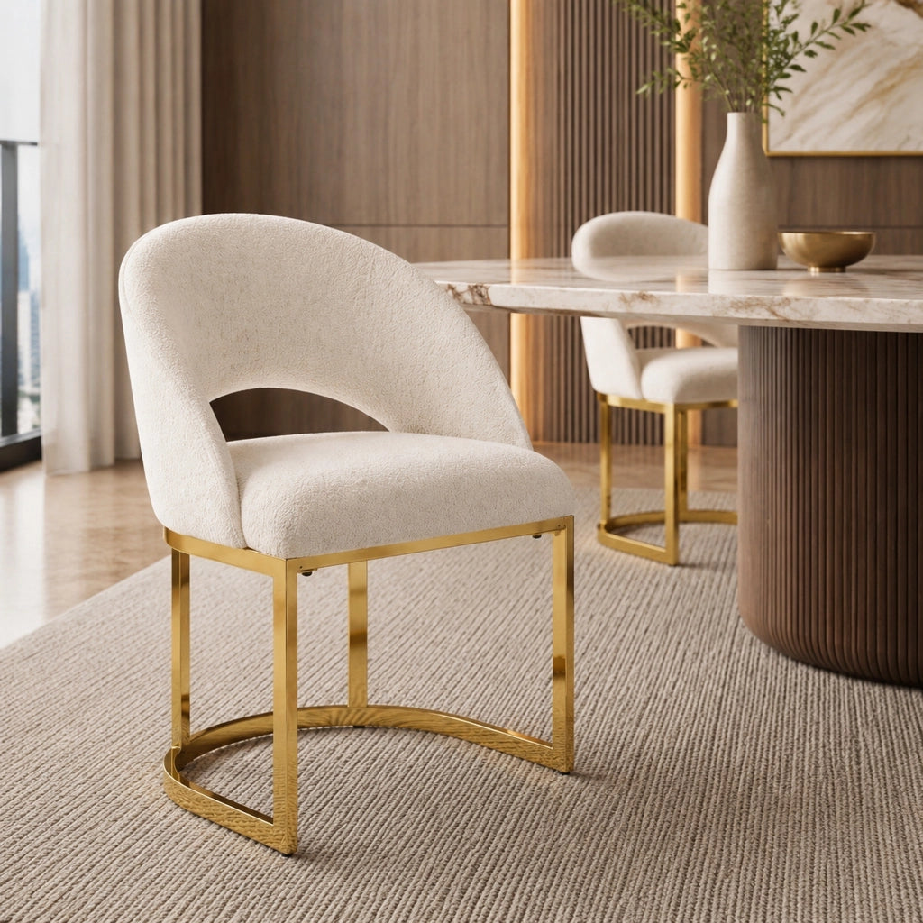 Set di 4 sedie da pranzo 59.0x56.0x80.0 cm con rivestimento bouclé e gambe in metallo beige e oro