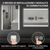 Specchio da Bagno con Luce LED a 3 Colori e Funzione Memory, in Vetro Temperato, 70x50x3 cm, Argento