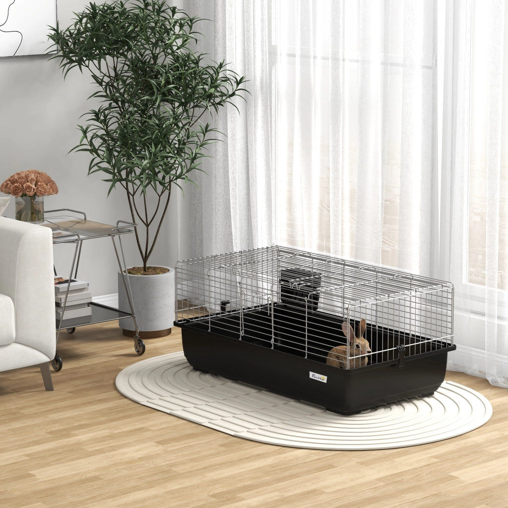 Gabbia per Conigli a 2 Porte con Vassoio Rimovibile ¨C Minimal ¨C 100x55x41 cm Nero Argento Metallo Plastica