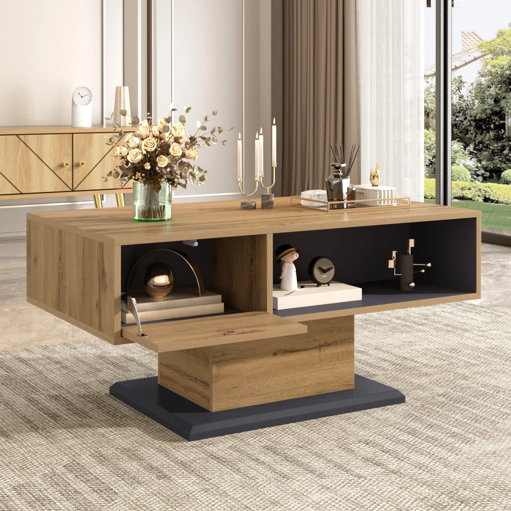Tavolino da Salotto con Contenitore Bifacciale e Vano Interno; Design Moderno; in Truciolato; Grigio Rovere