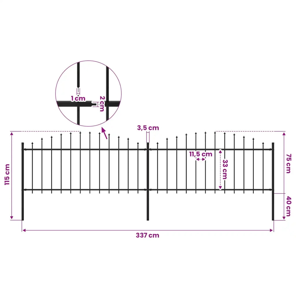 Recinzione Giardino Punta a Lancia (0,5-0,75)x3,4m Acciaio Nera 277704