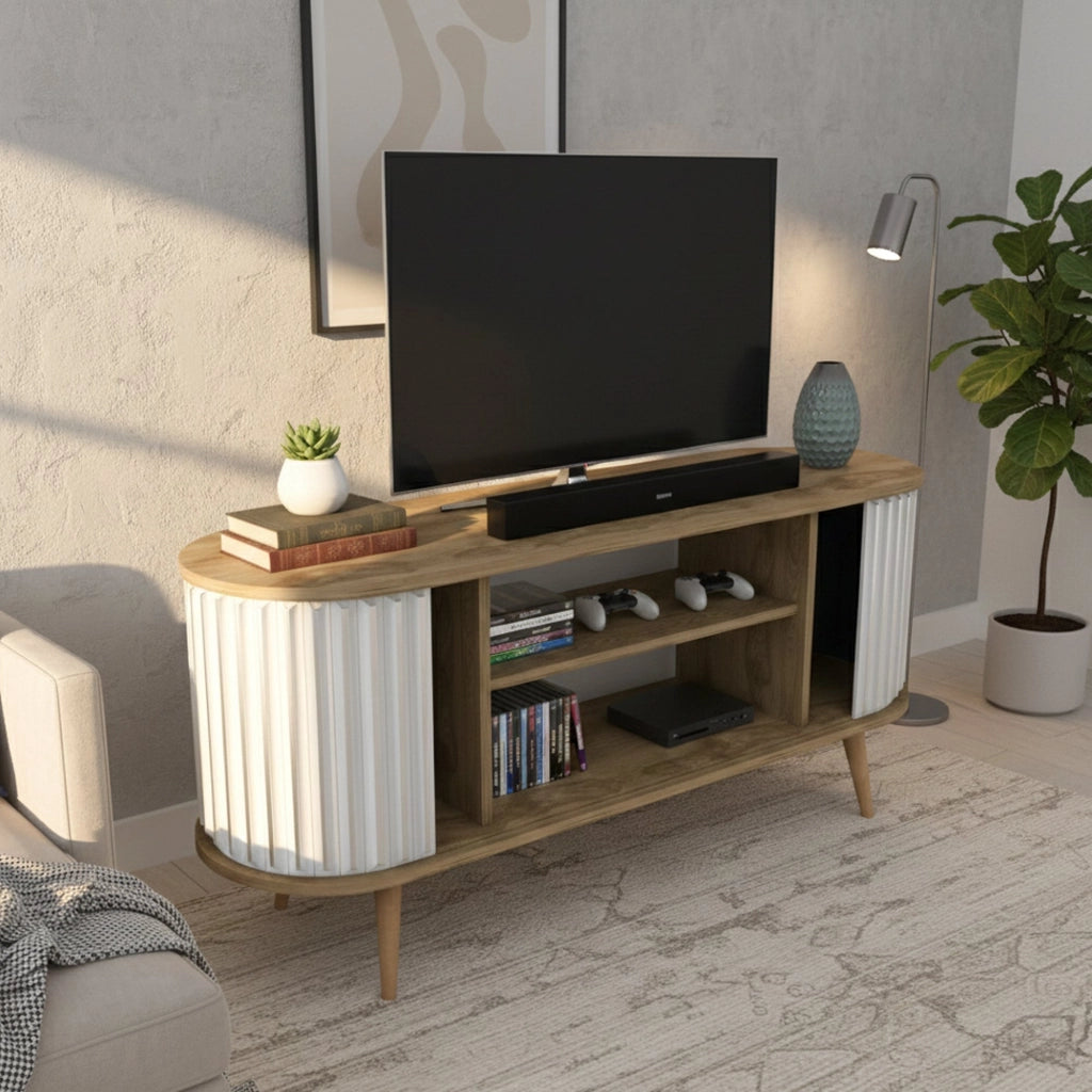 Mobile porta TV Bailu, Credenza da soggiorno, Armadio basso per TV, Base parete attrezzata, 140x43h64 cm, Quercia e Bianco