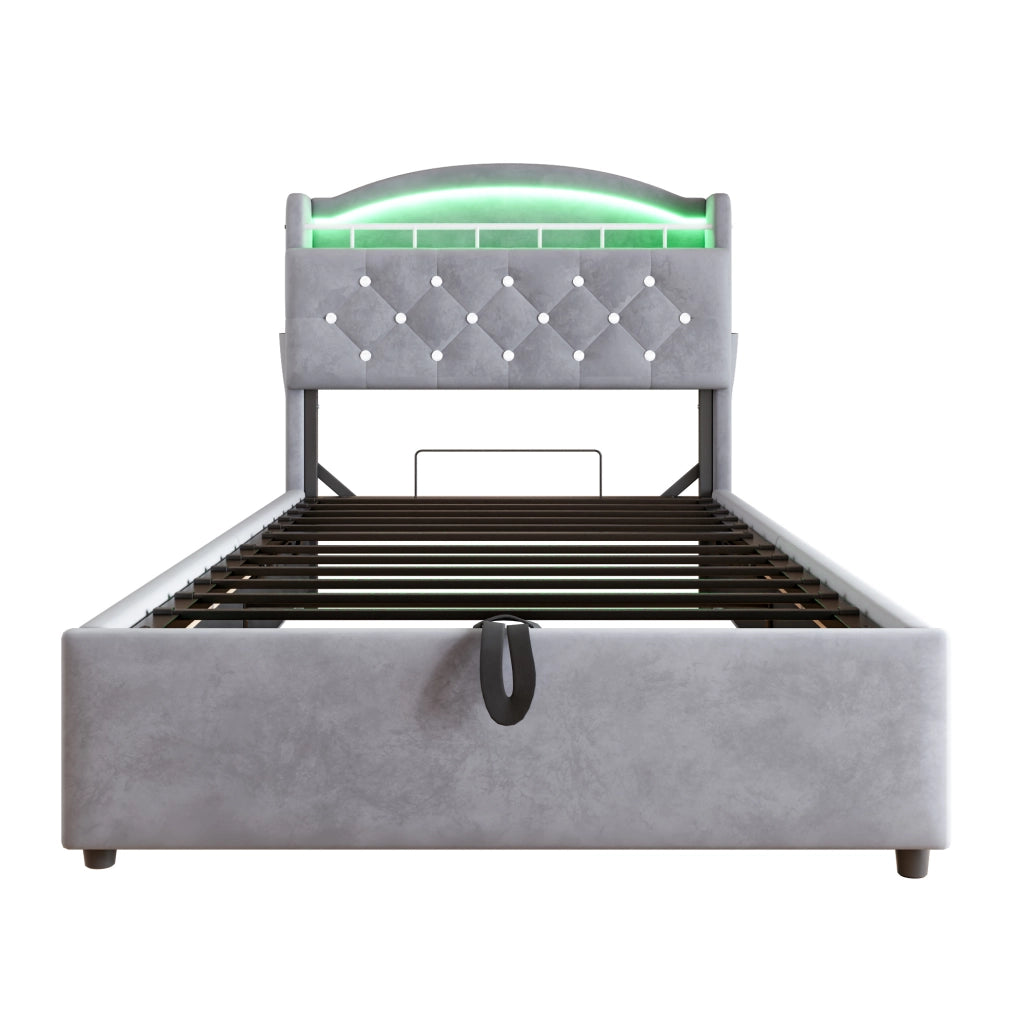 Letto imbottito per bambini 90x200 cm con contenitore; LED; USB e portaoggetti; grigio