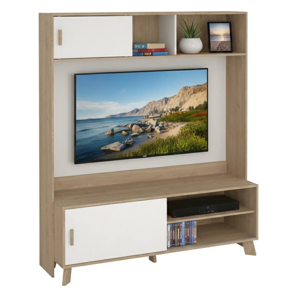 Mobile porta TV Nicosia, Credenza da soggiorno, Armadio basso per TV, Base parete attrezzata, 159x48 h181 cm, Rovere e Bianco