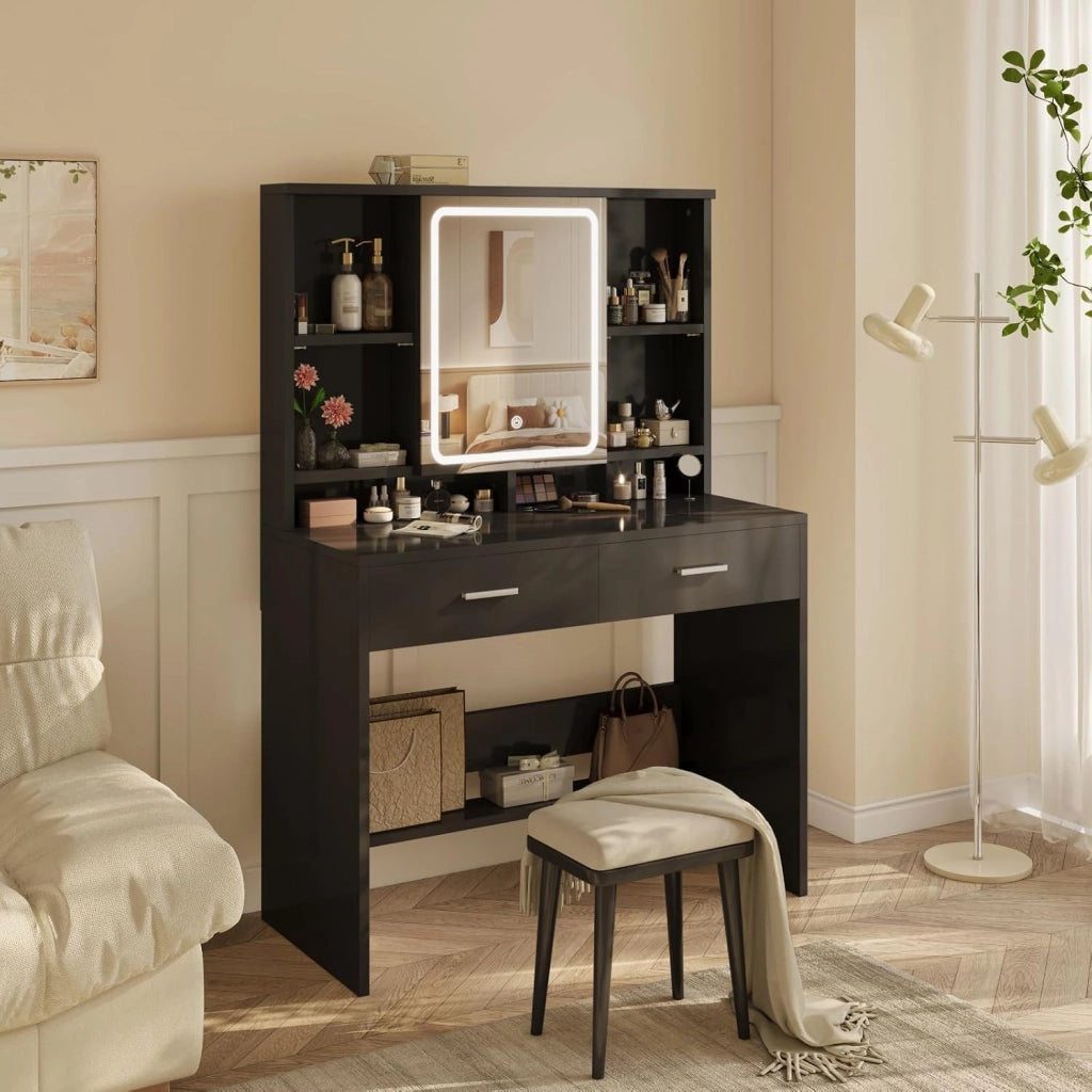 Toeletta Trucco con Luci Led a 3 Colori con Luminosità Regolabile,Tavolo da Trucco con Spazio per Gioielli, 4 Ripiani Regolabili, 2 Cassetti, Stile Moderno, Nero