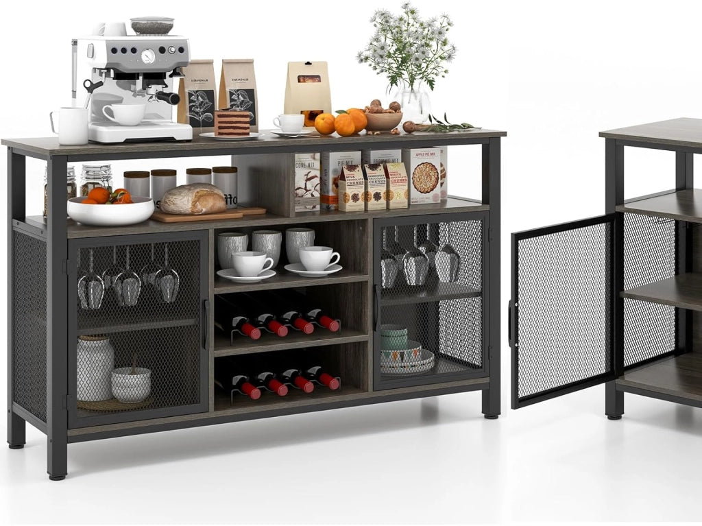Credenza da Cucina con Portabottiglie e Portabicchieri, Mobiletto Porta TV 60", Armadietto Portaoggetti con Contenitore per Sala da Pranzo, Soggiorno, 140 x 40 x 82,5 cm (Grigio)