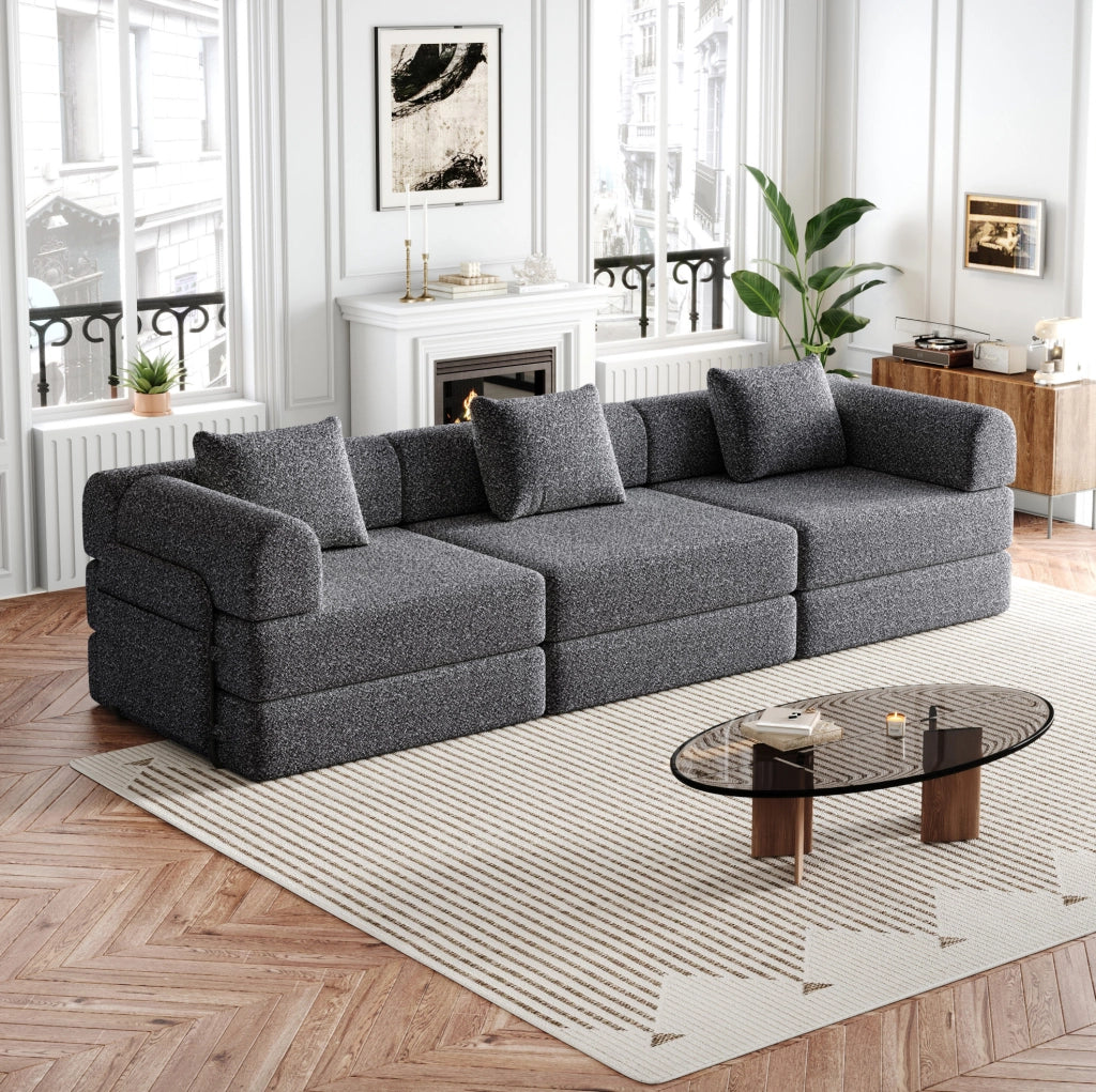 Divano letto 2 in 1 in ciniglia grigio con vano bracciolo