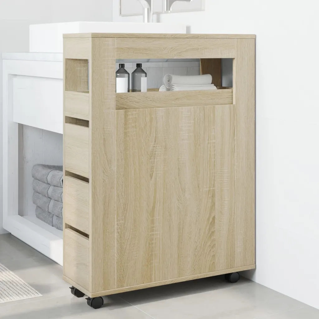 Mobile da Bagno Stretto con Ruote Rovere Sonoma in Truciolato