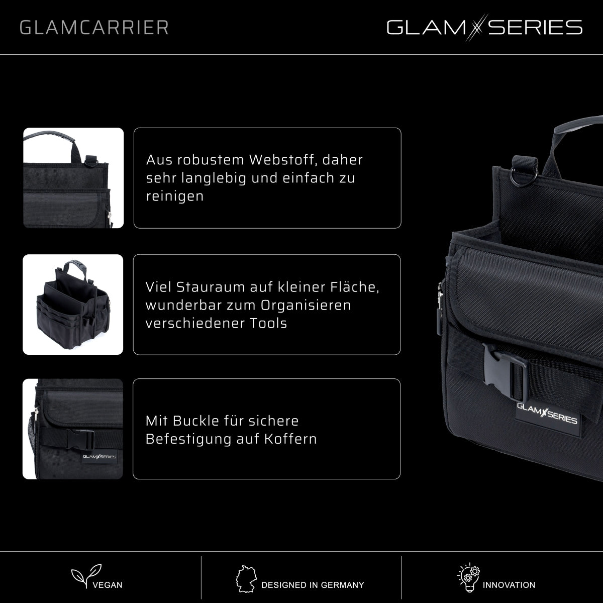 GlamSeries GlamCarrier Borsa porta trucchi con ampio spazio, trousse pieghevole per cosmetici con manico e tracolla, pochette da lavoro ideale per truccatori e parrucchieri