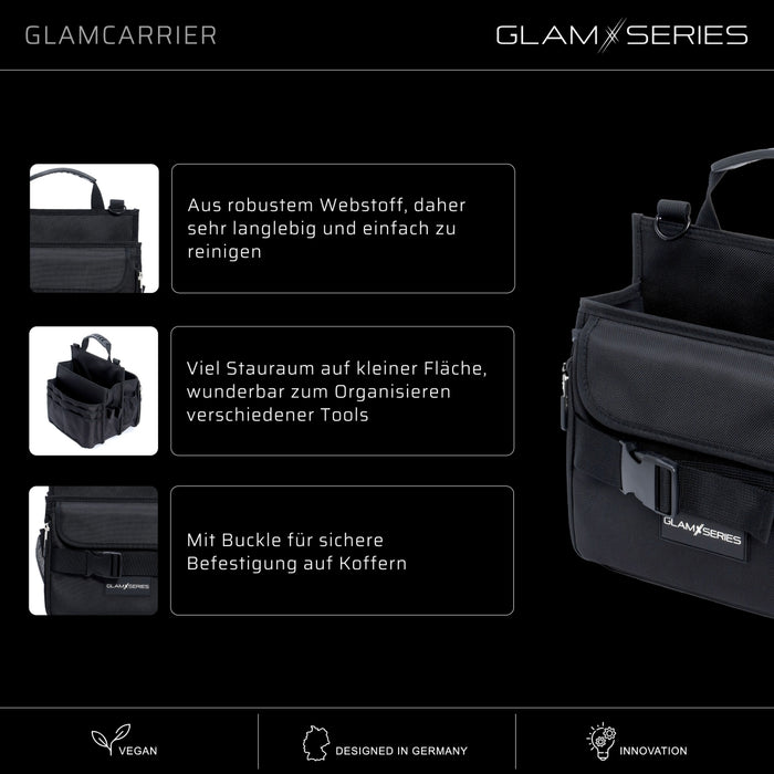 GlamSeries GlamCarrier Borsa porta trucchi con ampio spazio, trousse pieghevole per cosmetici con manico e tracolla, pochette da lavoro ideale per truccatori e parrucchieri