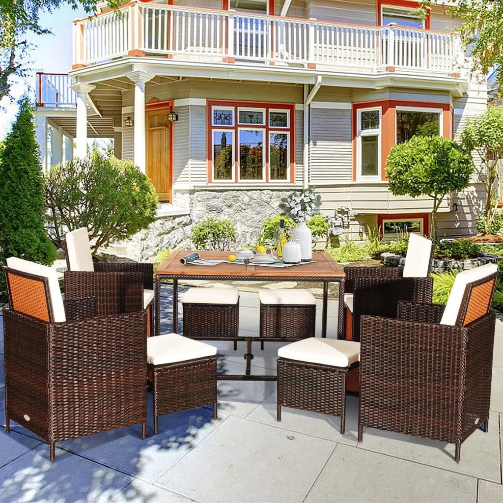 Set di mobili da giardino 8 sedie con tavolo, set da 9 mobili da giardino in rattan, con tavolo da balcone, 4 sedie da pranzo e 4 sgabelli scorrevoli (cuscini beige), KZ03907
