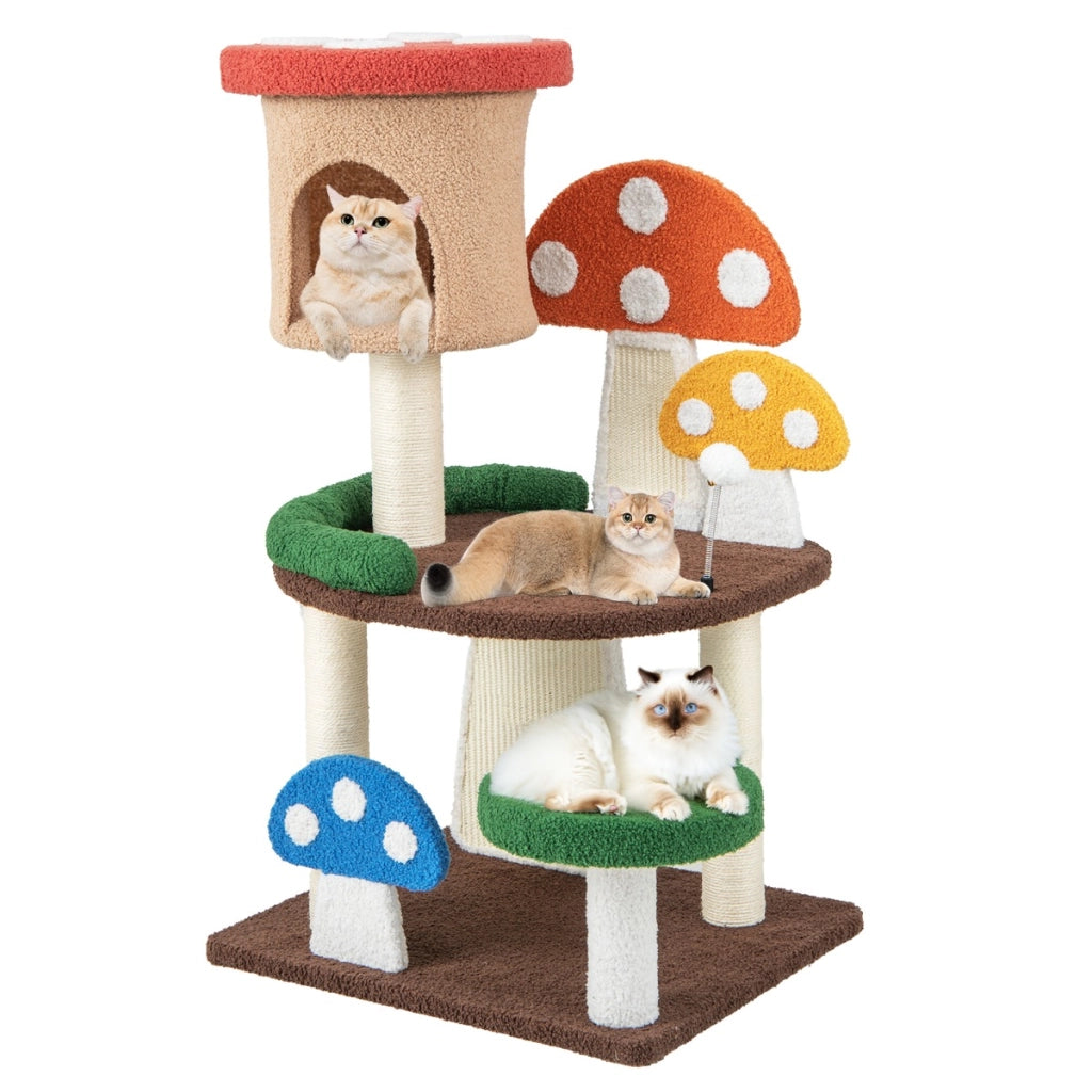 Albero per gatti a fungo 4-in-1 con condo, piattaforma e palla a molla, Torre multi-livello per gatti Colorato-Alberi Tiragraffi