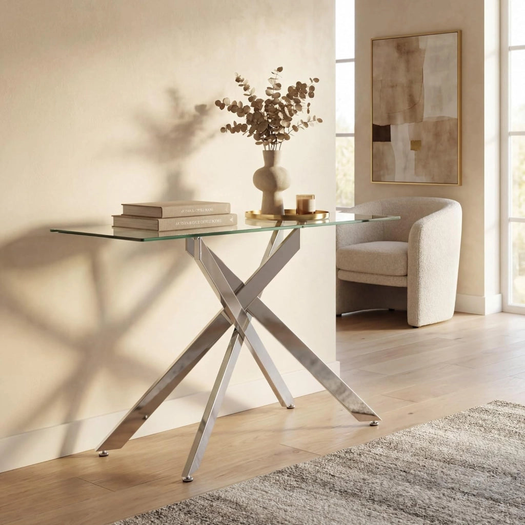 Tavolo Consolle in Vetro Temperato 115 x 45 x 78 cm, Consolle Ingresso Telaio Robusto con Gambe in Metallo Incrociate e Piedini Regolabili, Salvaspazio, per Soggiorno e Corridoio