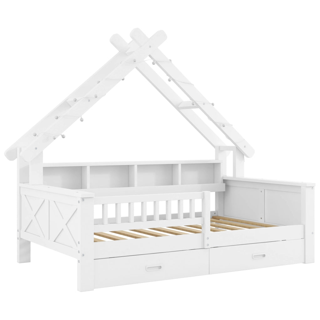 Letto a casetta 90x200 cm con LED; ripiani; 2 cassetti e protezione; bianco