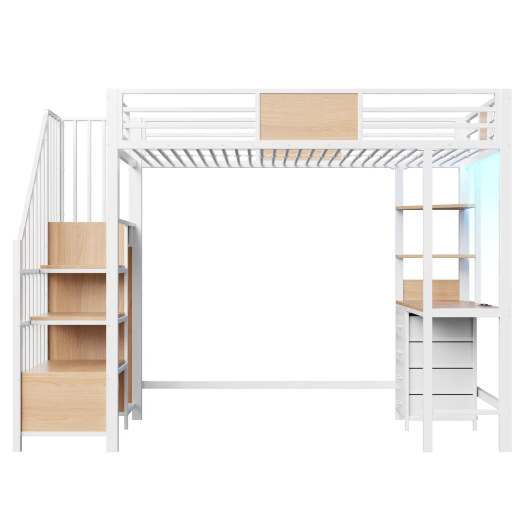 Hochbett con scrivania 90x200 cm in metallo bianco; con ripiani; asta appendiabiti; LED e presa