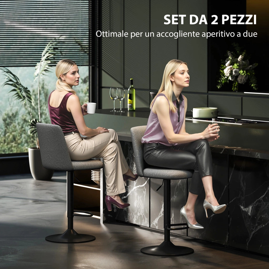 Set 2 Sgabelli da Bar Girevoli 44x53x91-111A cm in Tessuto Effetto Lino Grigio Scuro