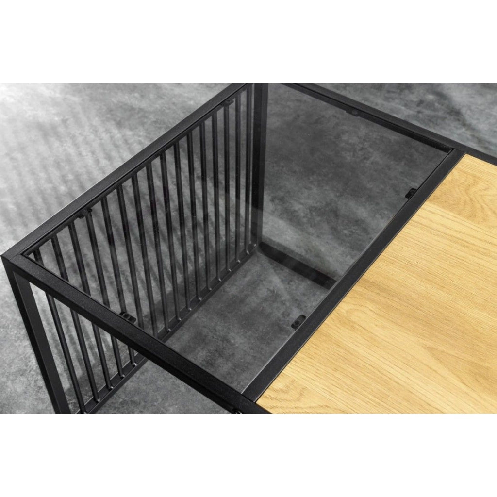 Tavolino basso ABITTA rettangolare 100 cm in rovere chiaro e vetro fumé - Moderno con piano misto legno e vetro