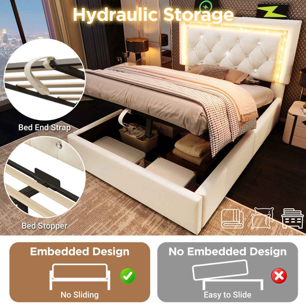 Letto imbottito ULEVR 90x200 cm con materasso, contenitore idraulico, LED, USB e Type-C, velluto beige