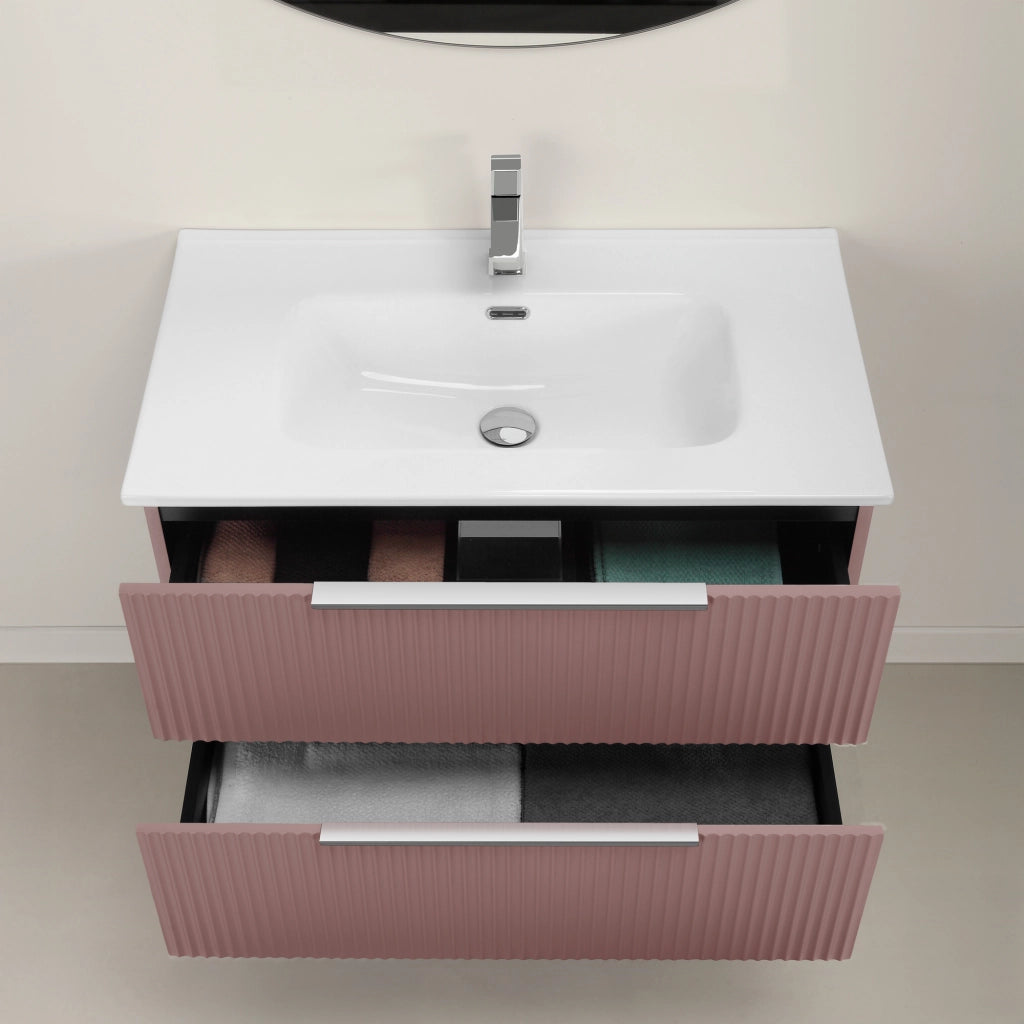 Mobile bagno sospeso 80 cm rosa cannettato con lavabo e specchio tondo Zena