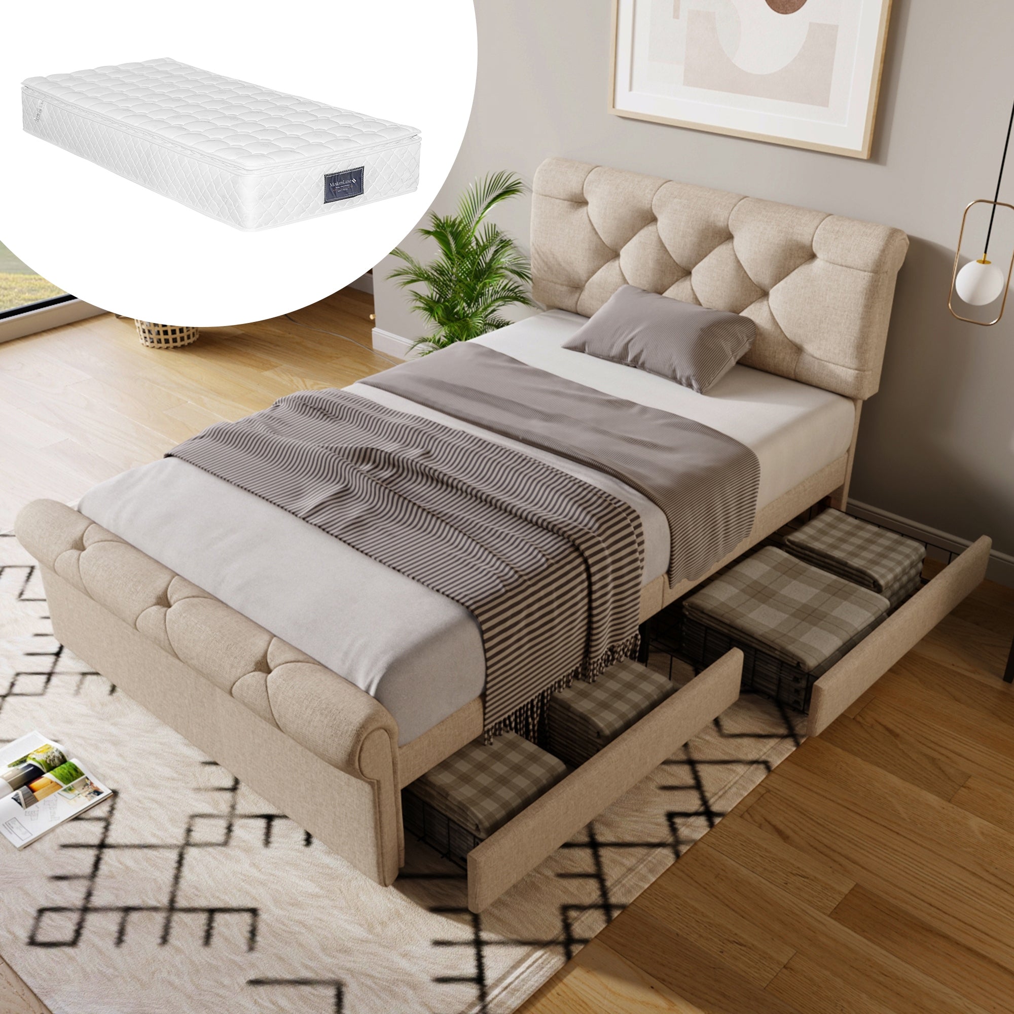 Letto imbottito 90x200 - Xylo - Con cassetti e regolazione testiera