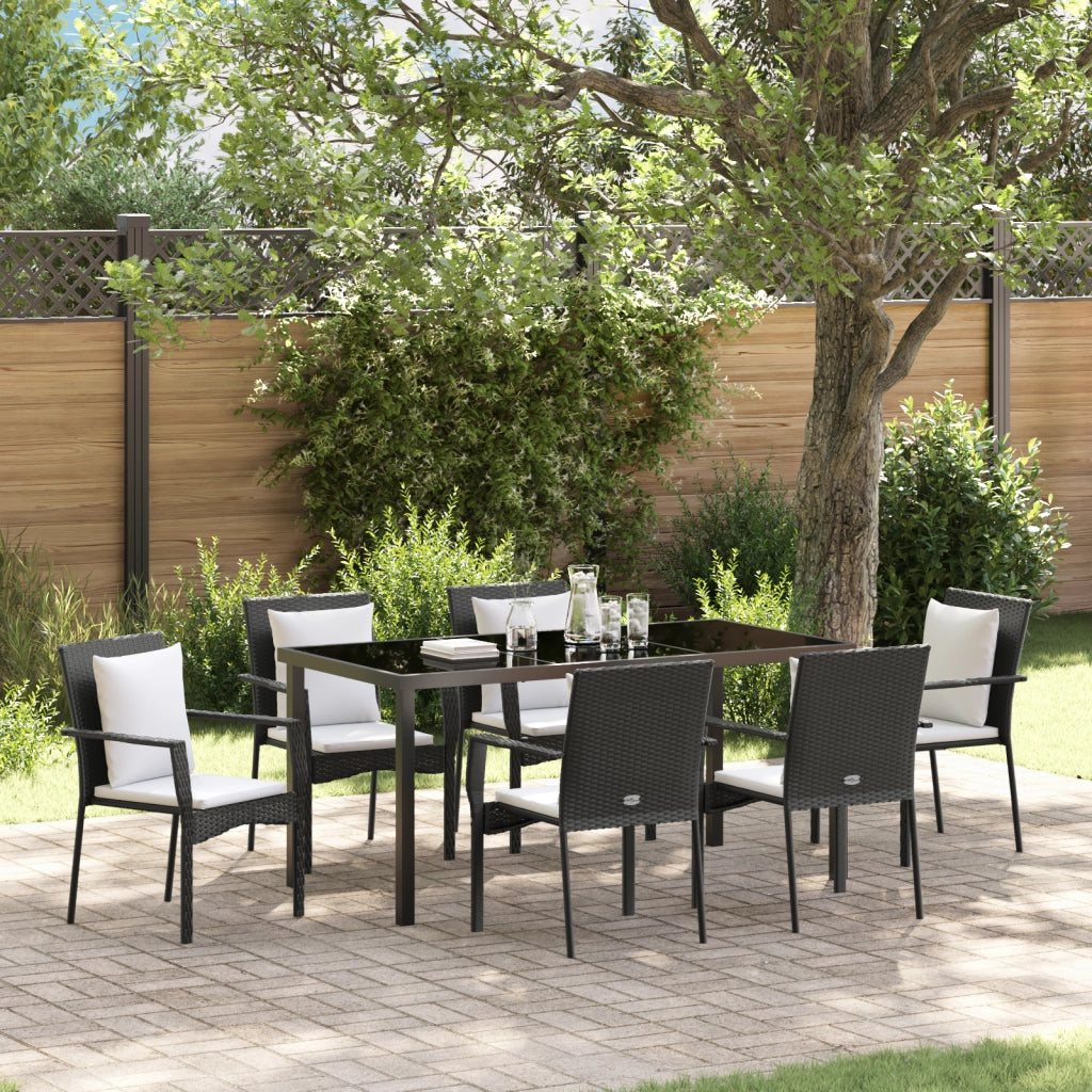 Set da Pranzo da Giardino 7 Pezzi con Cuscini Nero Polyrattan