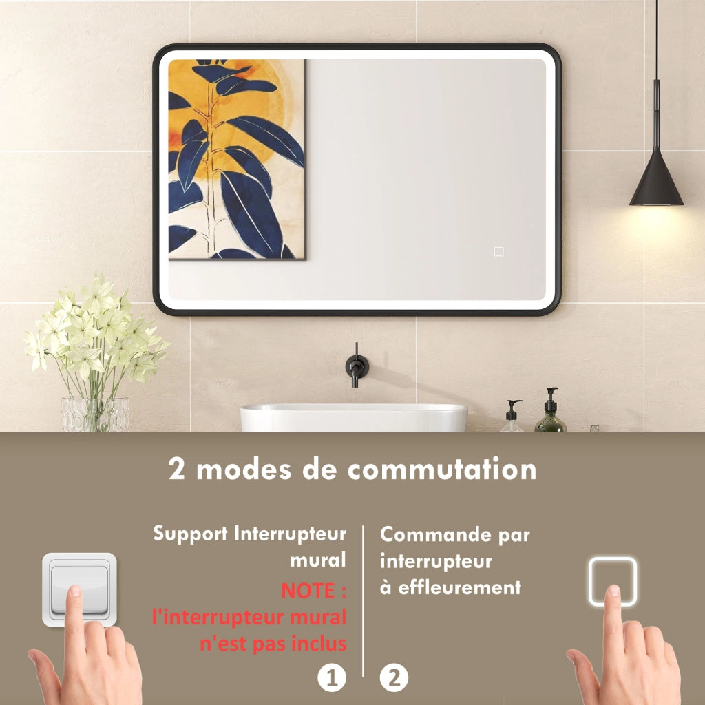 Specchio da Bagno LED Antifog 3 Colori Dimmerabile ¨C Minimal ¨C Nero 90x60 cm