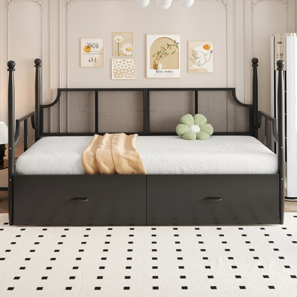OKWISH Letto Divano 90×200 cm, Letto Singolo con 2 Cassetti, Schienale a Rete e Braccioli, senza Materasso, in Metallo, Nero