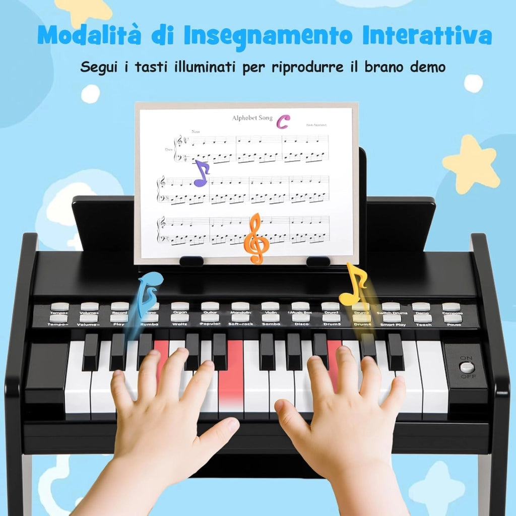 Tastiera Pianoforte per Bambini a 25 Tasti, Mini Pianoforte Digitale Giocattolo, con Velocità e Volume Regolabili, Tasto Luminoso e Leggio, Modalità Didattica, per 3+ Anni (Nero)