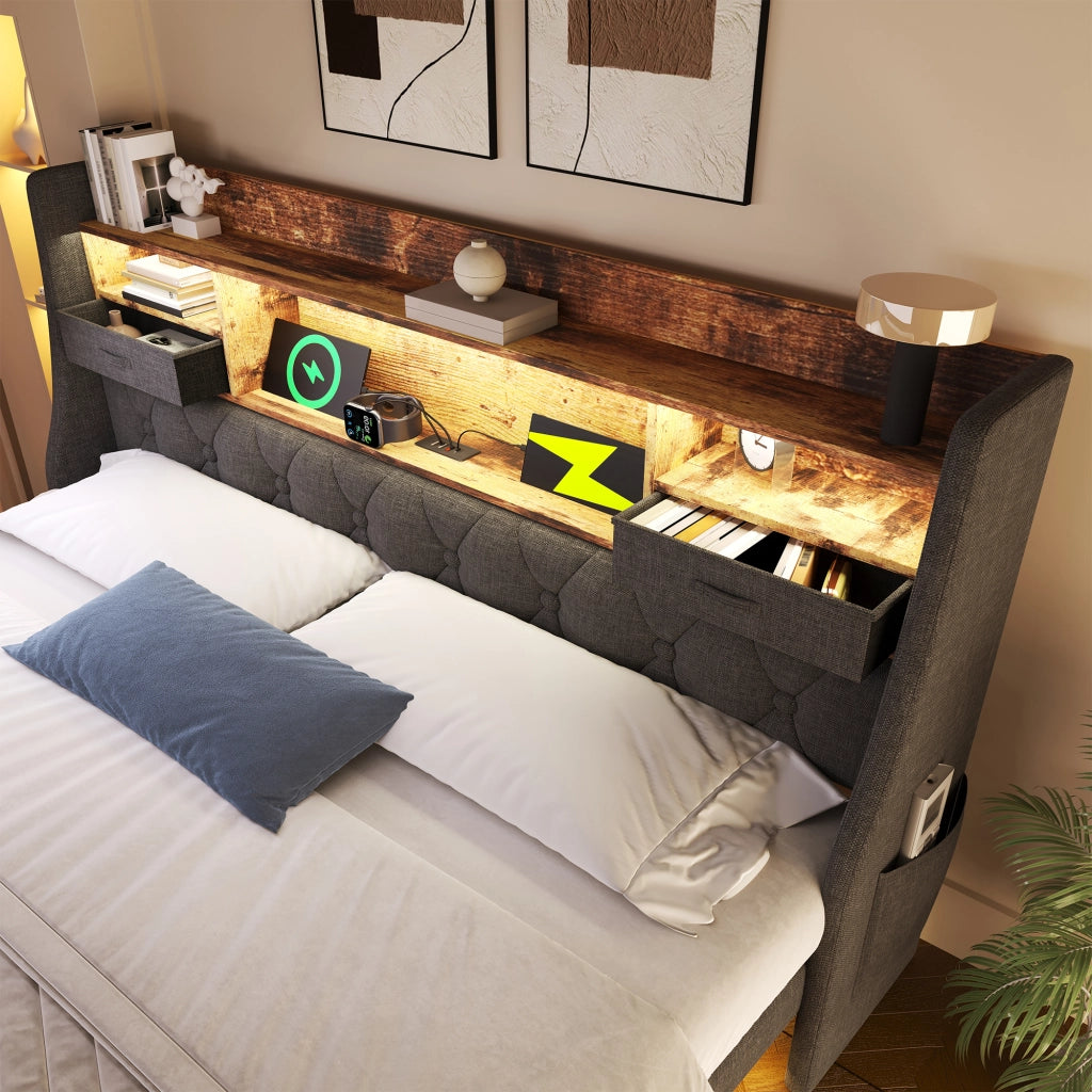 LETTO Contenitore con testiera 160x200 cm in lino grigio, LED e prese USB
